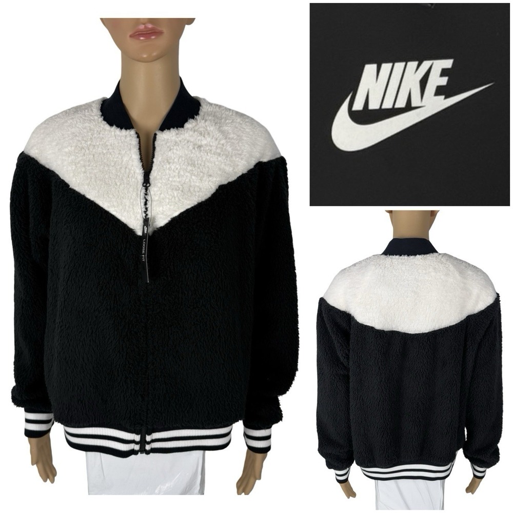 Nike Womens Large Jacket Sherpa Fleece Colorblock White Black Zip Up 939388 NWT